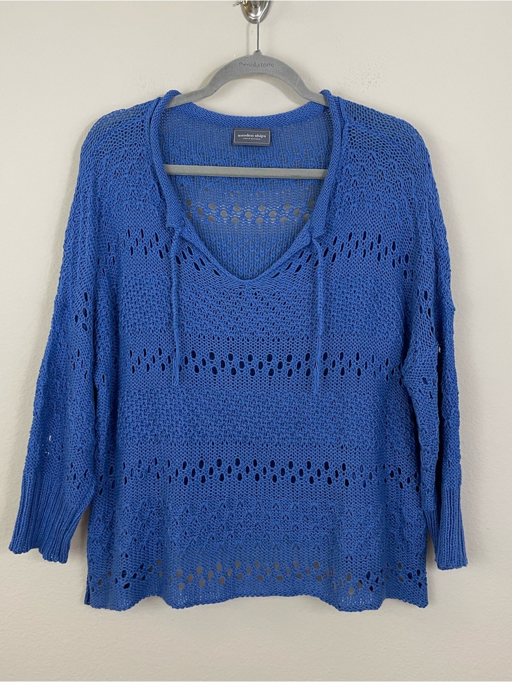 Wooden Ships Blue‎ Open-Knit V-Neck Boxy Fit Pullover Sweater Size S/M Coastal